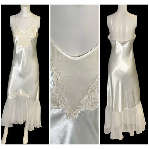 VTG Victoria's Secret Gold Label Satin Lace Slip Dress S Ivory Chiffon Nightgown